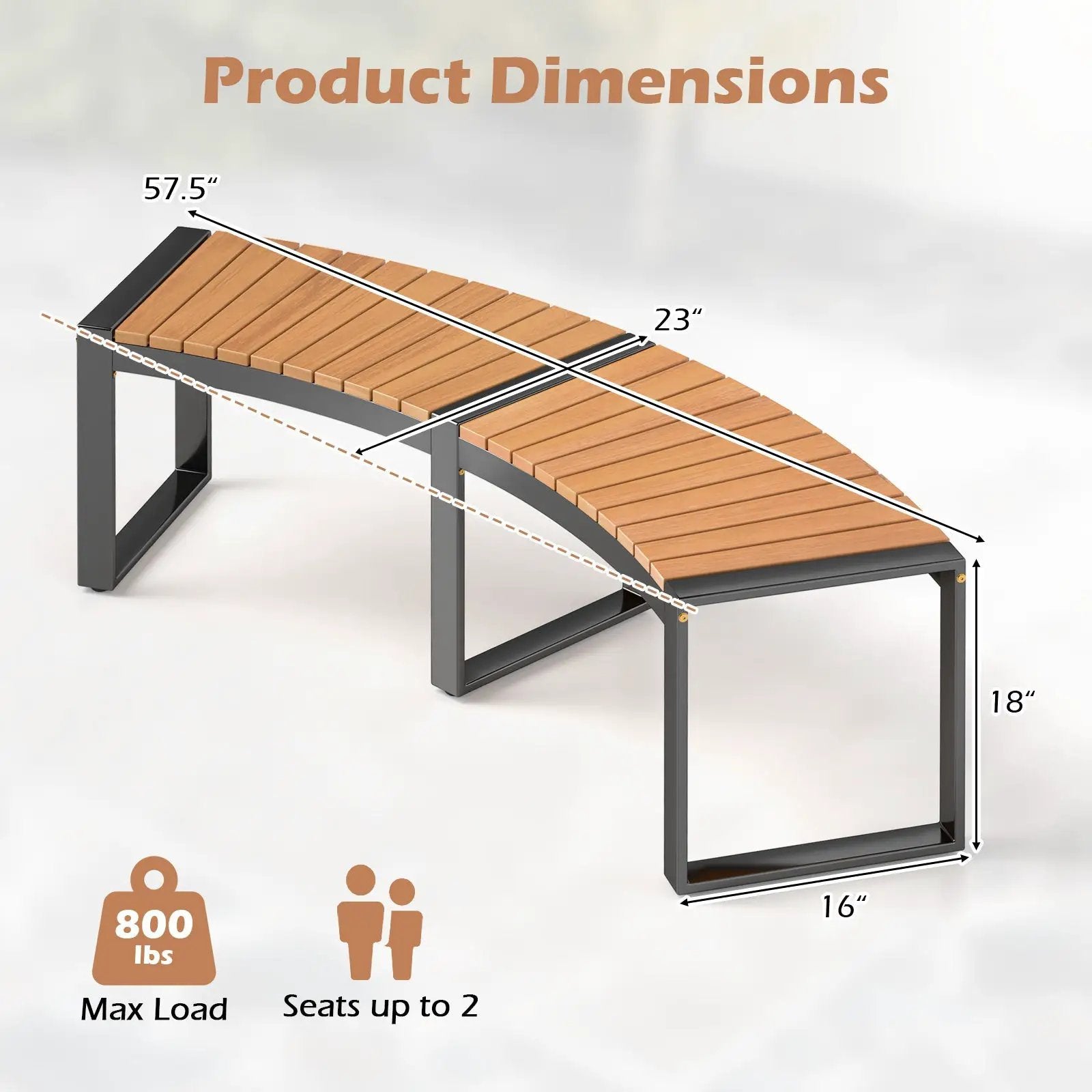 Patio Curved Bench with Slatted Seat and Metal Legs by DirectDeals