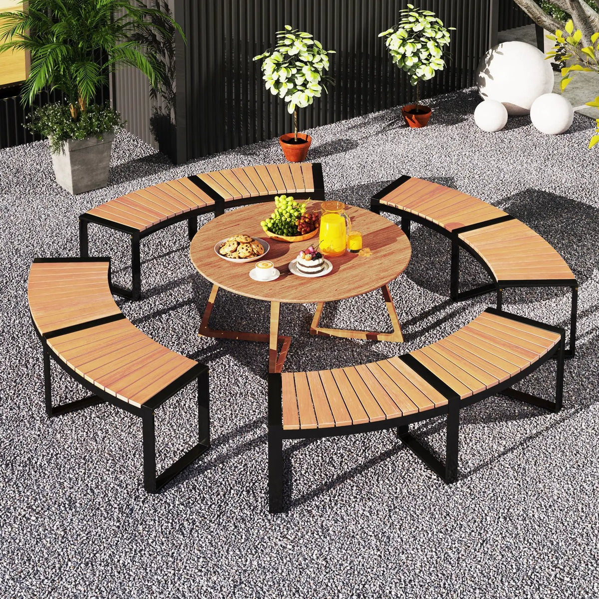 Patio Curved Bench with Slatted Seat and Metal Legs, photo 4 of 16