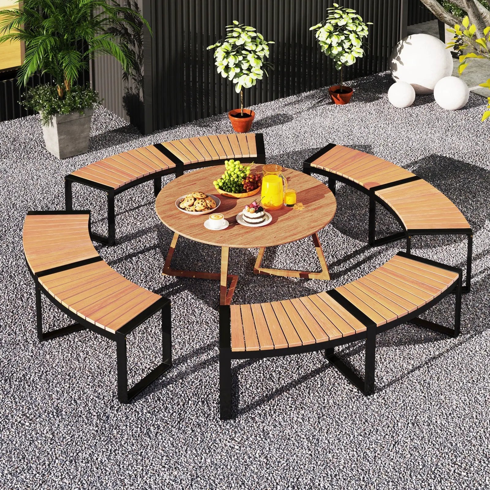 Patio Curved Bench with Slatted Seat and Metal Legs by DirectDeals