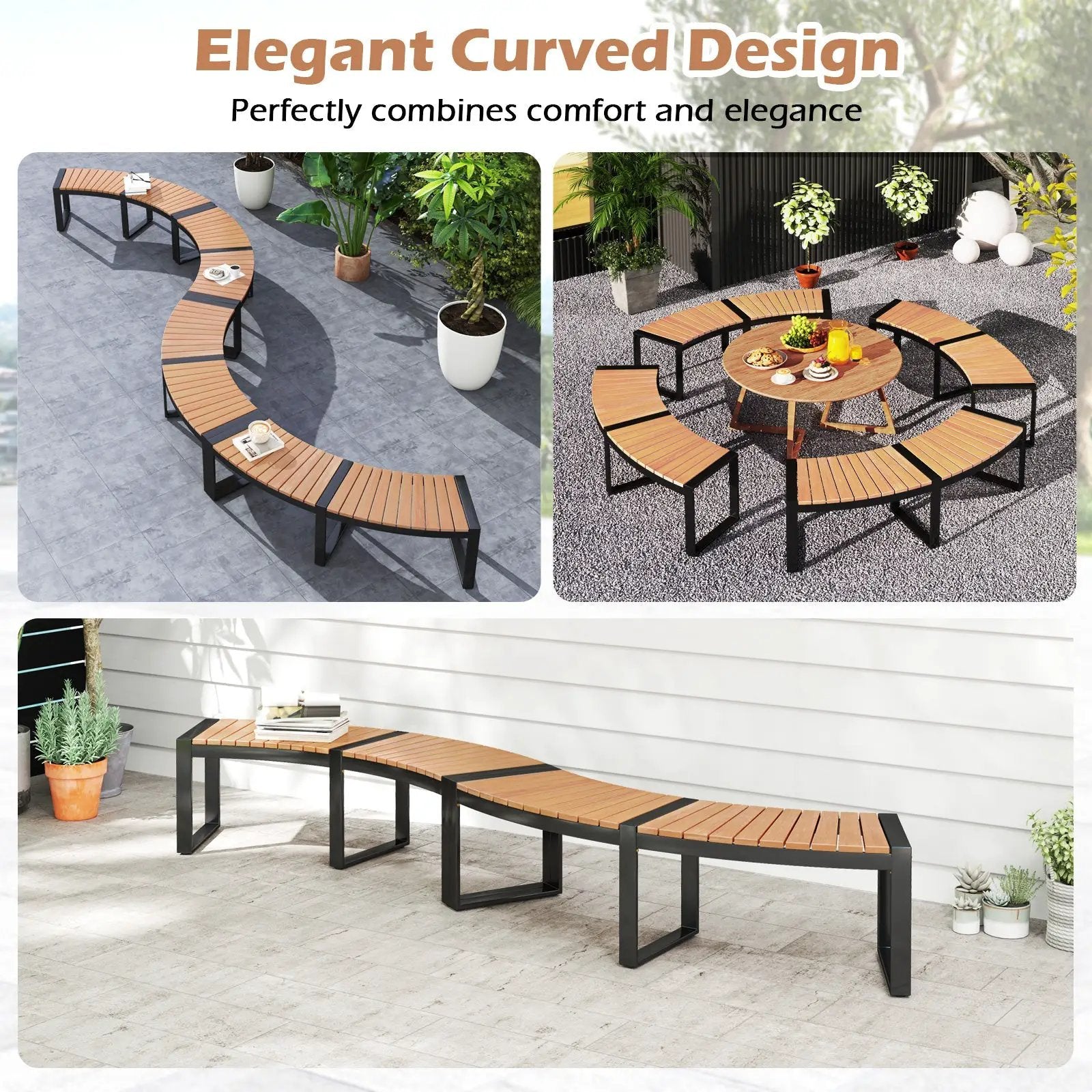 Patio Curved Bench with Slatted Seat and Metal Legs by DirectDeals