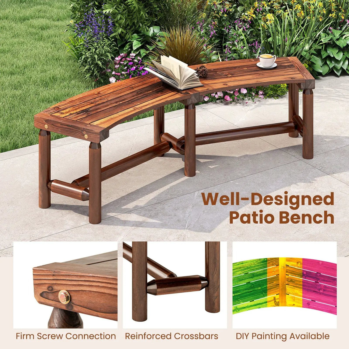 Patio Curved Bench Solid Wood Fire Pit Bench Outdoor Backless Loveseat, photo 11 of 16