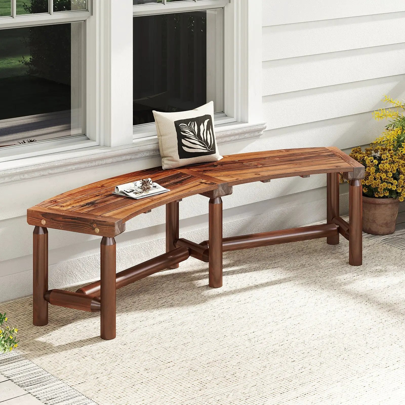 Patio Curved Bench Solid Wood Fire Pit Bench Outdoor Backless Loveseat by DirectDeals