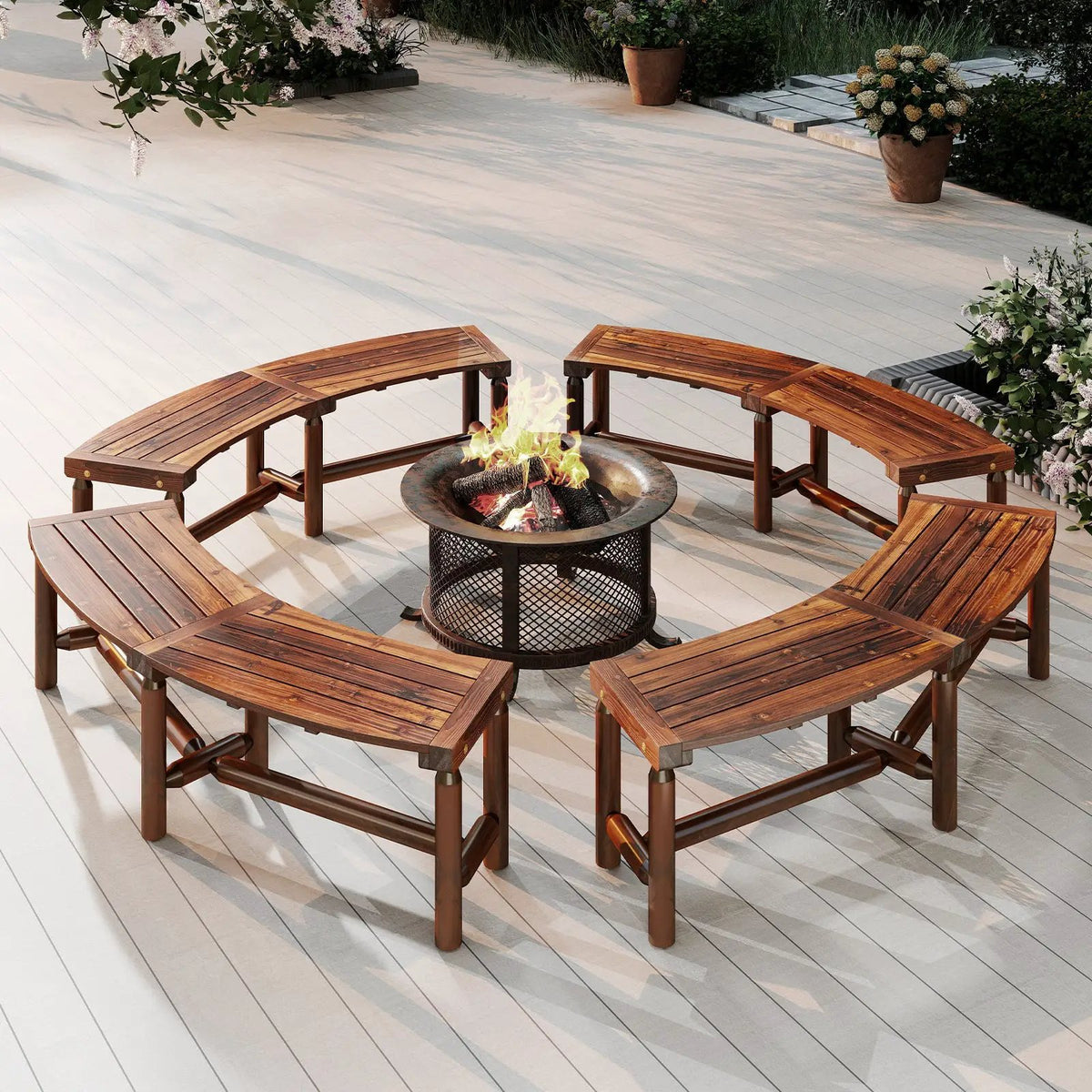Patio Curved Bench Solid Wood Fire Pit Bench Outdoor Backless Loveseat, photo 13 of 16