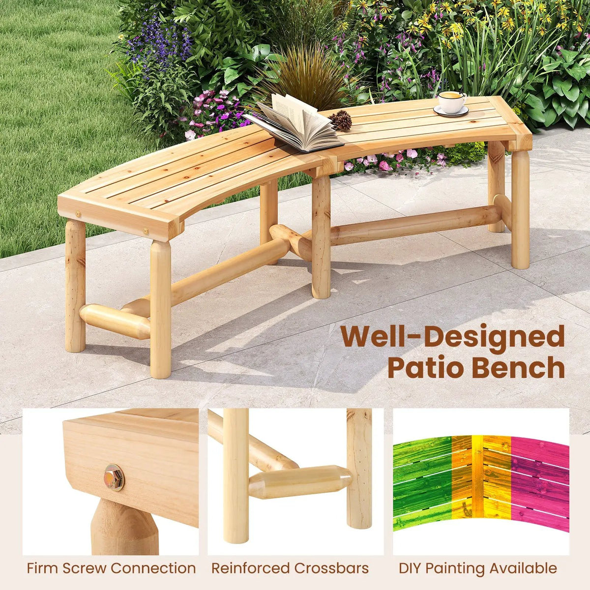 Patio Curved Bench Solid Wood Fire Pit Bench Outdoor Backless Loveseat, photo 12 of 16