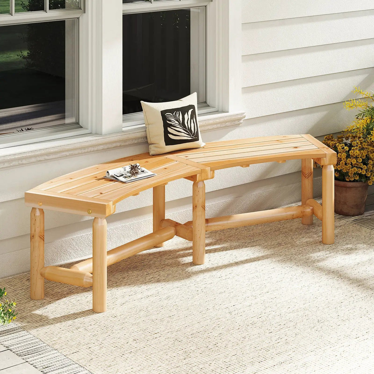 Patio Curved Bench Solid Wood Fire Pit Bench Outdoor Backless Loveseat, photo 2 of 16