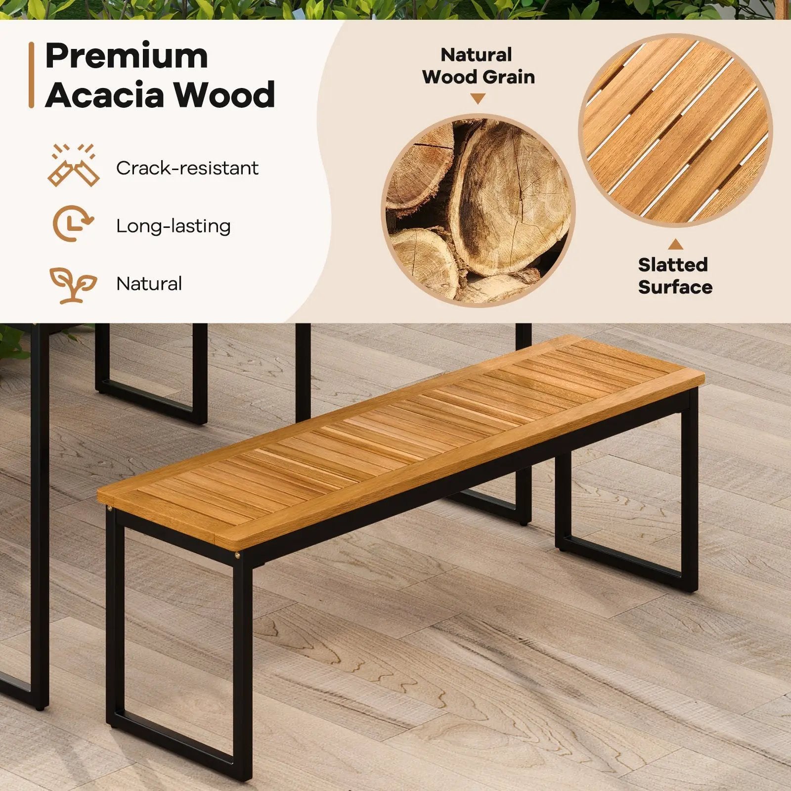 Patio Dining Bench Backless with Slatted Seat and Metal Legs by DirectDeals