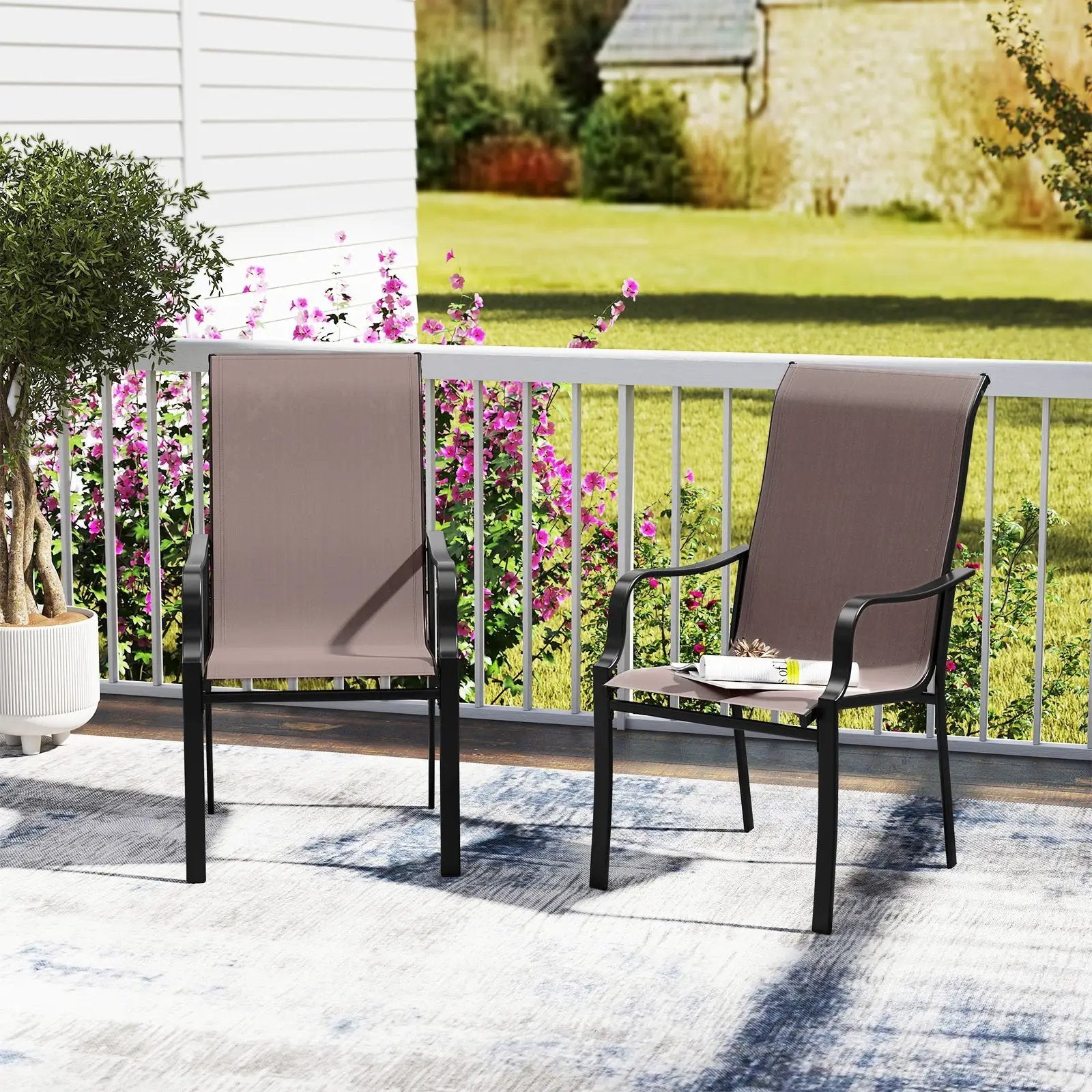Patio Dining Chair Set of 2 with Wide Seat and Heavy-Duty Metal Frame-Brown by DirectDeals