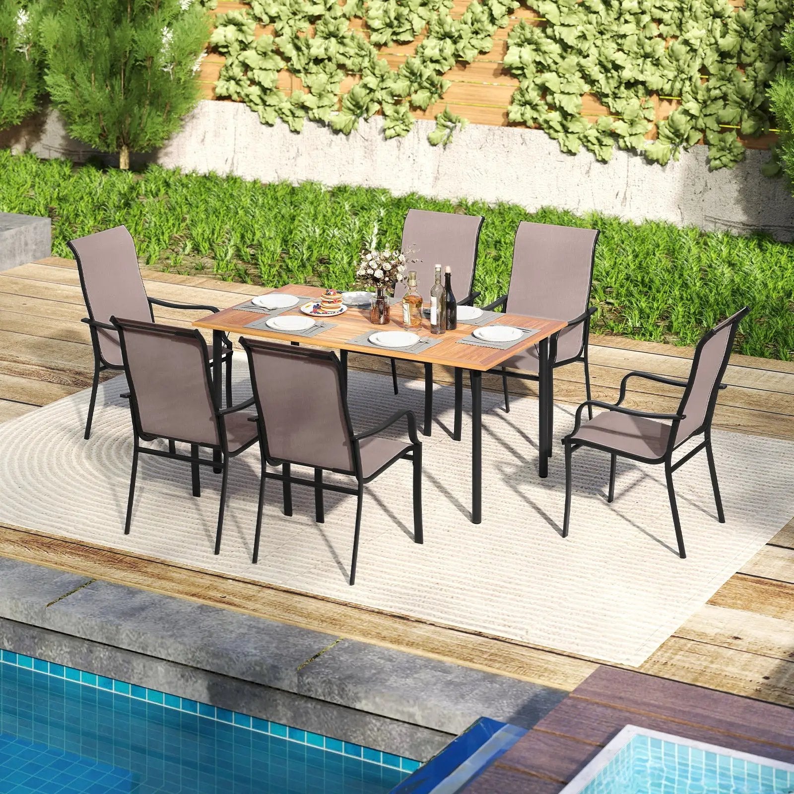 Patio Dining Chair Set of 2 with Wide Seat and Heavy-Duty Metal Frame-Brown by DirectDeals
