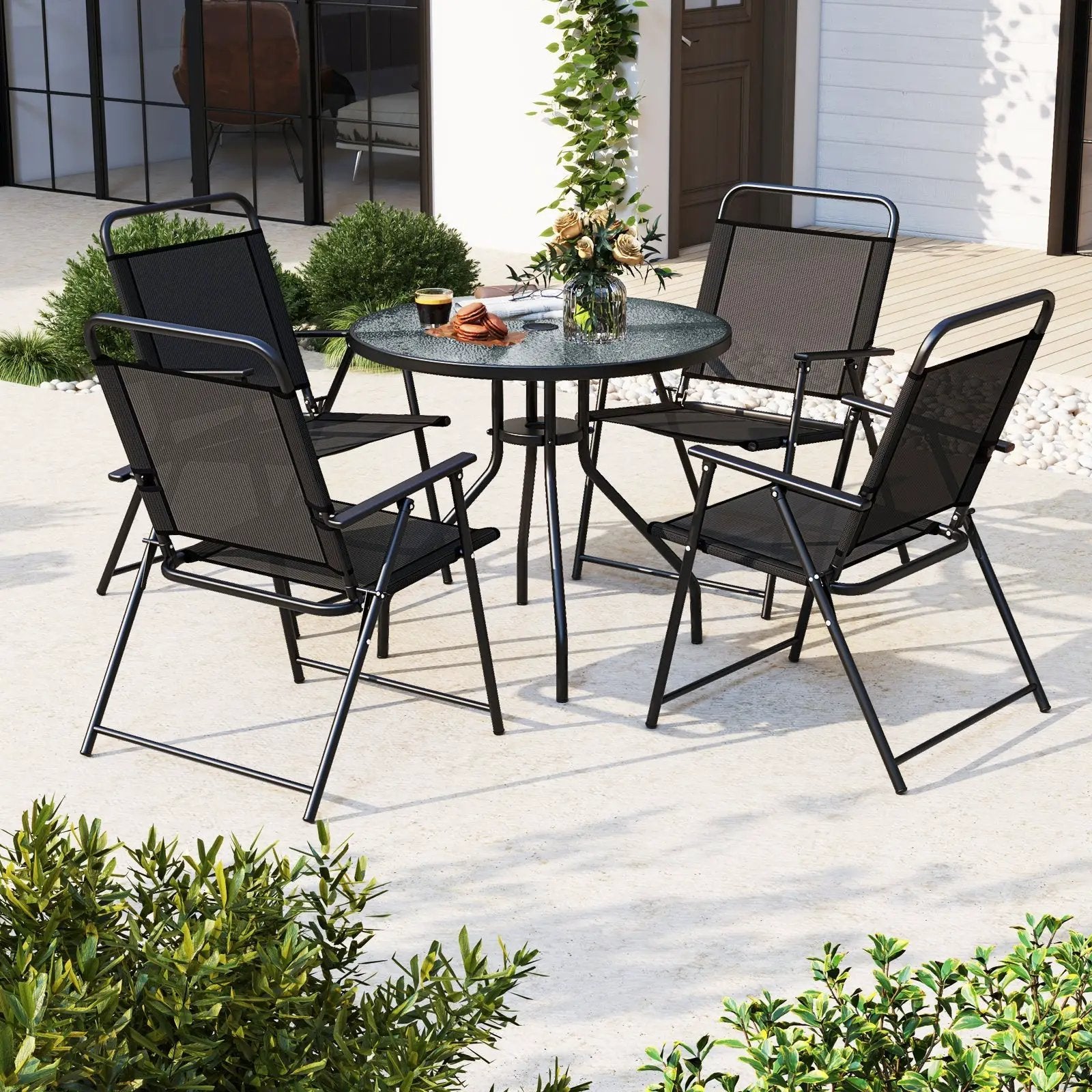 6 Pieces Patio Dining Set Folding Chairs Glass Table Tilt Umbrella for Garden by DirectDeals