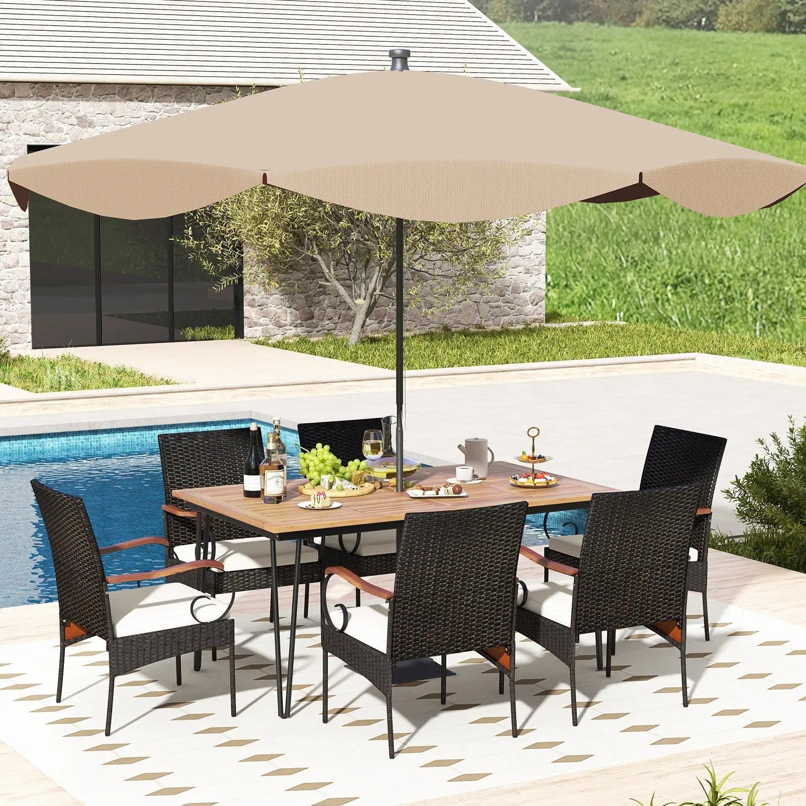 7 Pieces Patio Dining Set with Rattan Armchairs Soft Cushions 2" Umbrella Hole by DirectDeals