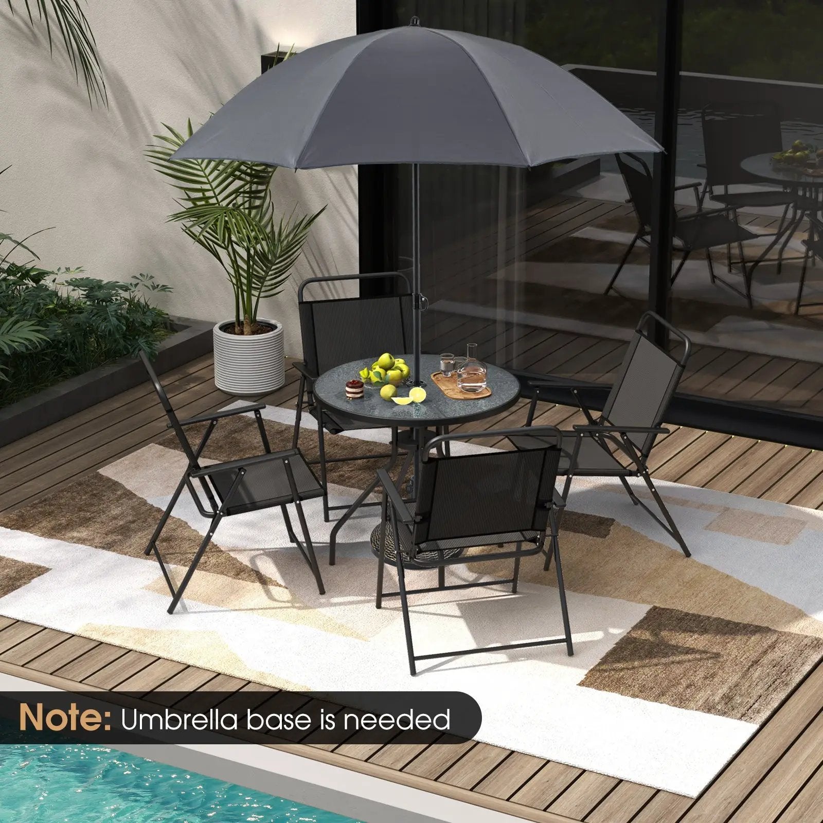 6 Pieces Patio Dining Set Folding Chairs Glass Table Tilt Umbrella for Garden by DirectDeals