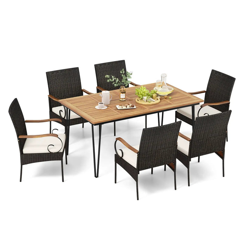 7 Pieces Patio Dining Set with Rattan Armchairs Soft Cushions 2" Umbrella Hole by DirectDeals