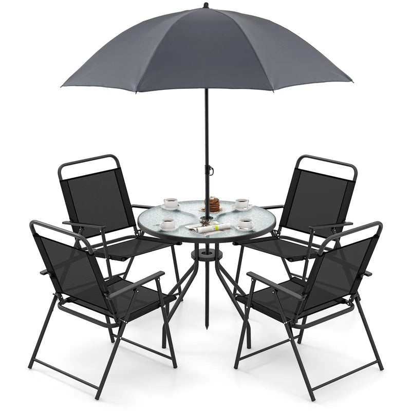6 Pieces Patio Dining Set Folding Chairs Glass Table Tilt Umbrella for Garden by DirectDeals