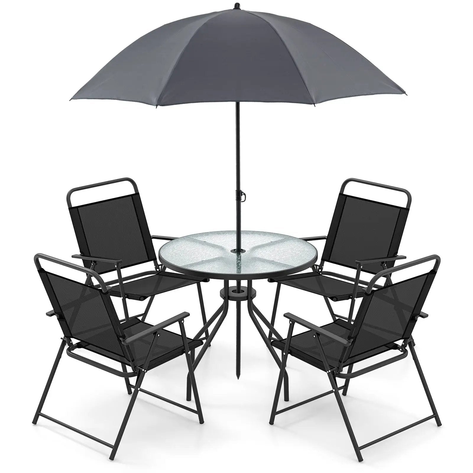 6 Pieces Patio Dining Set Folding Chairs Glass Table Tilt Umbrella for Garden by DirectDeals