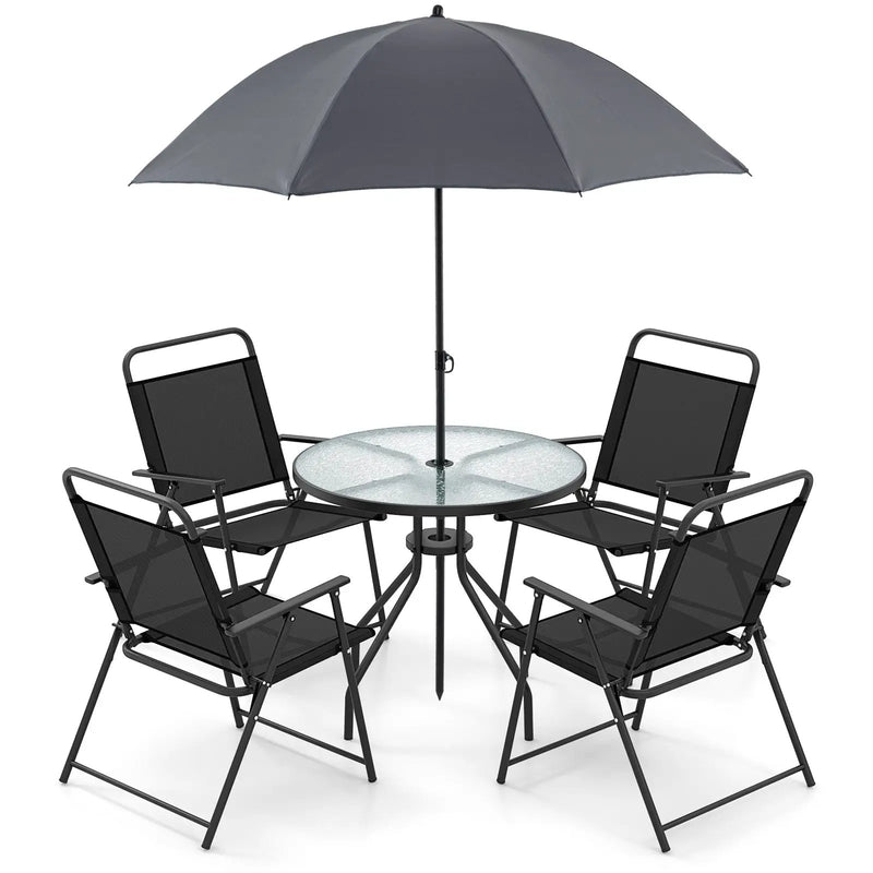 6 Pieces Patio Dining Set Folding Chairs Glass Table Tilt Umbrella for Garden by DirectDeals