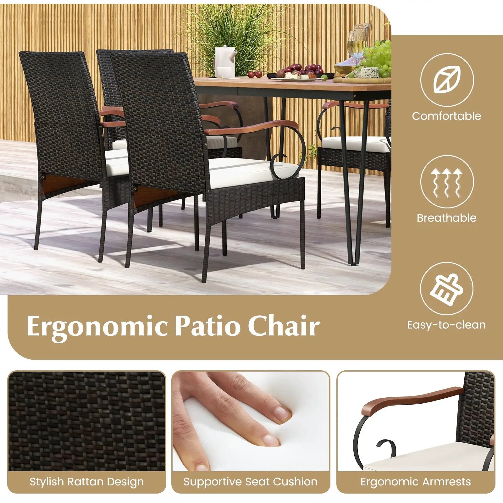 7 Pieces Patio Dining Set with Rattan Armchairs Soft Cushions 2" Umbrella Hole by DirectDeals