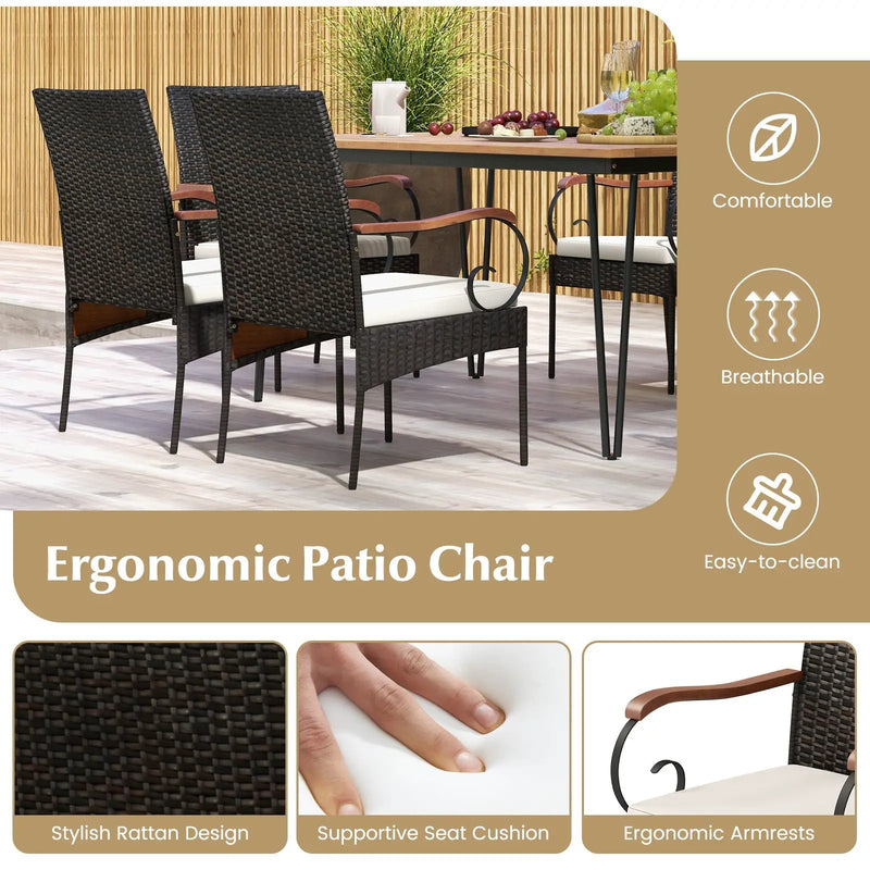 7 Pieces Patio Dining Set with Rattan Armchairs Soft Cushions 2" Umbrella Hole by DirectDeals