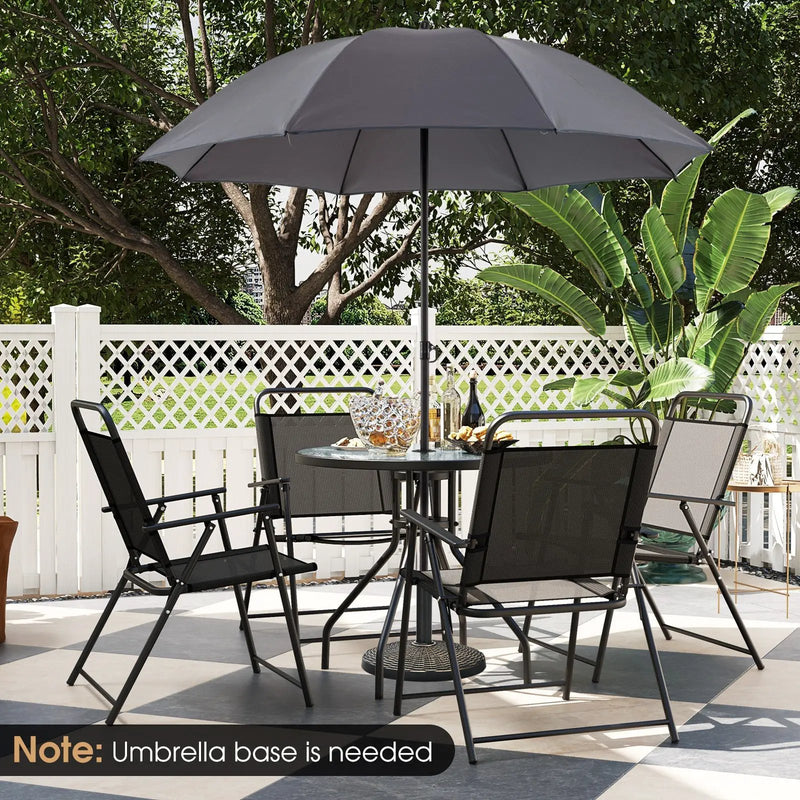 6 Pieces Patio Dining Set Folding Chairs Glass Table Tilt Umbrella for Garden by DirectDeals