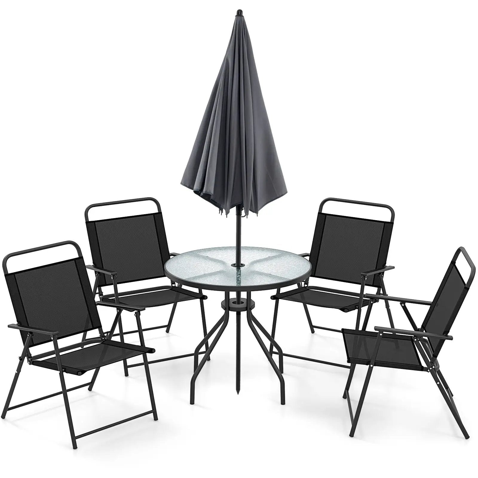 6 Pieces Patio Dining Set Folding Chairs Glass Table Tilt Umbrella for Garden by DirectDeals