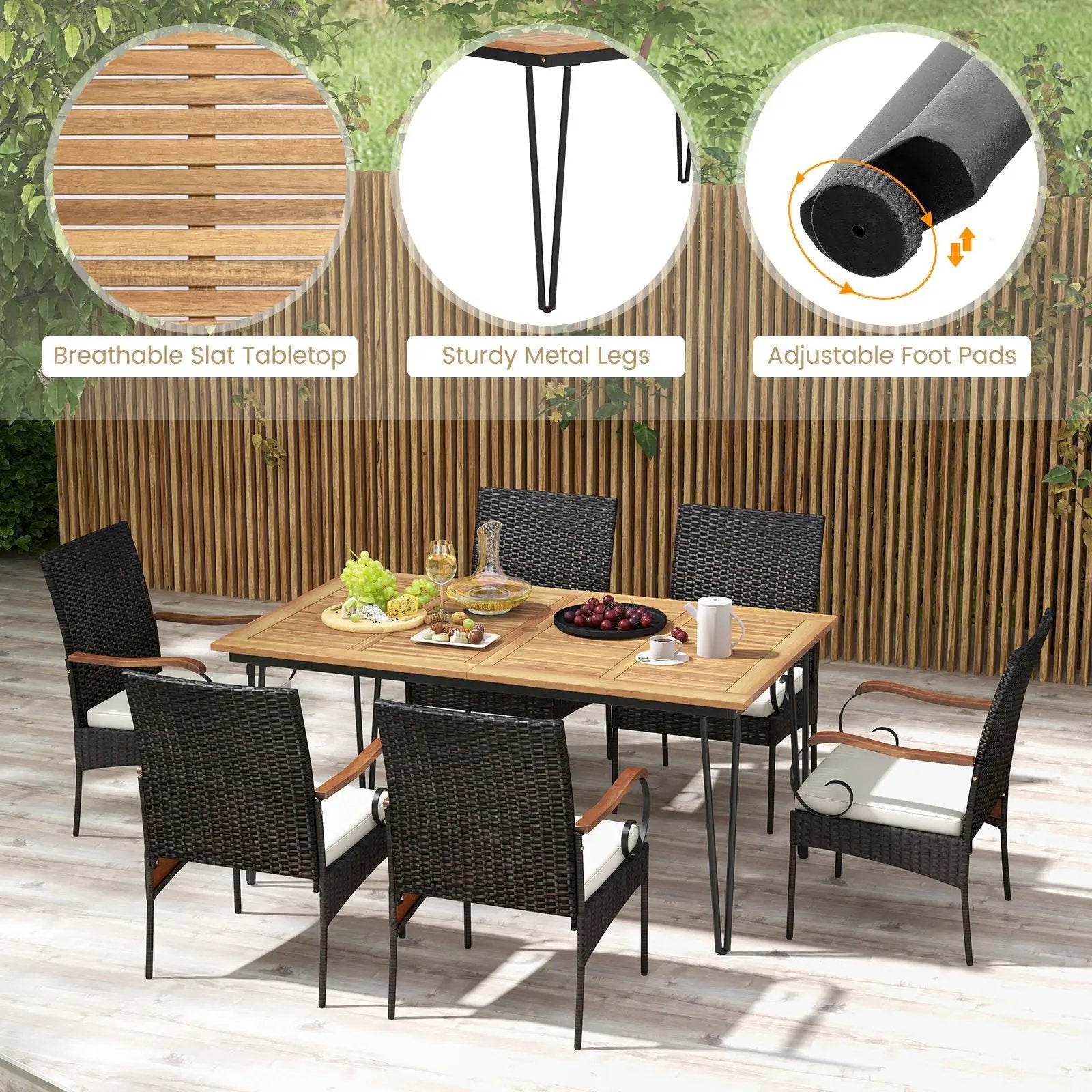 7 Pieces Patio Dining Set with Rattan Armchairs Soft Cushions 2" Umbrella Hole by DirectDeals