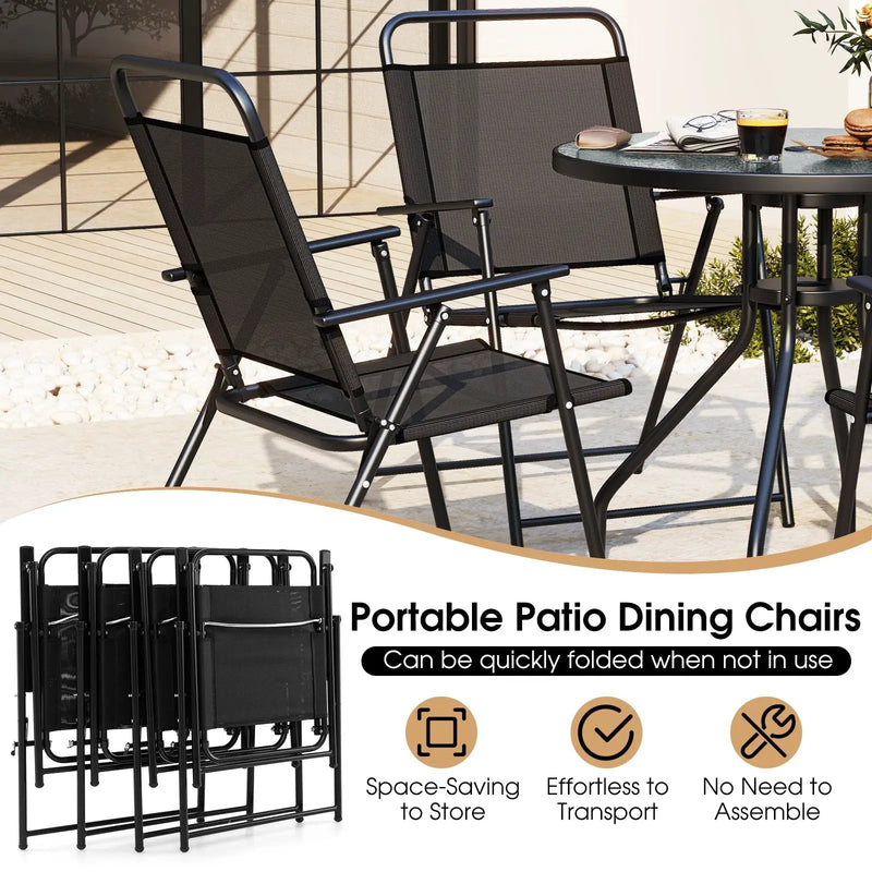 6 Pieces Patio Dining Set Folding Chairs Glass Table Tilt Umbrella for Garden by DirectDeals