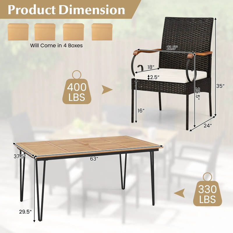 7 Pieces Patio Dining Set with Rattan Armchairs Soft Cushions 2" Umbrella Hole by DirectDeals