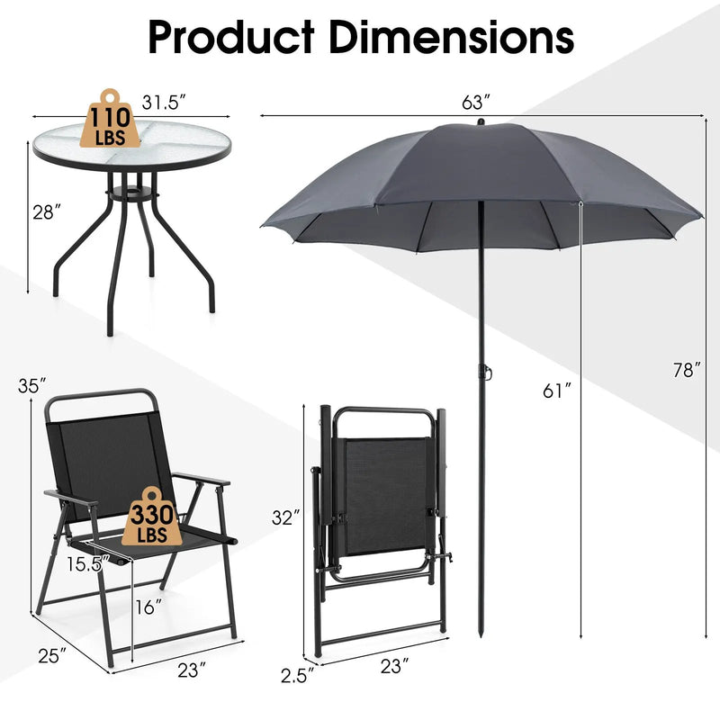 6 Pieces Patio Dining Set Folding Chairs Glass Table Tilt Umbrella for Garden by DirectDeals