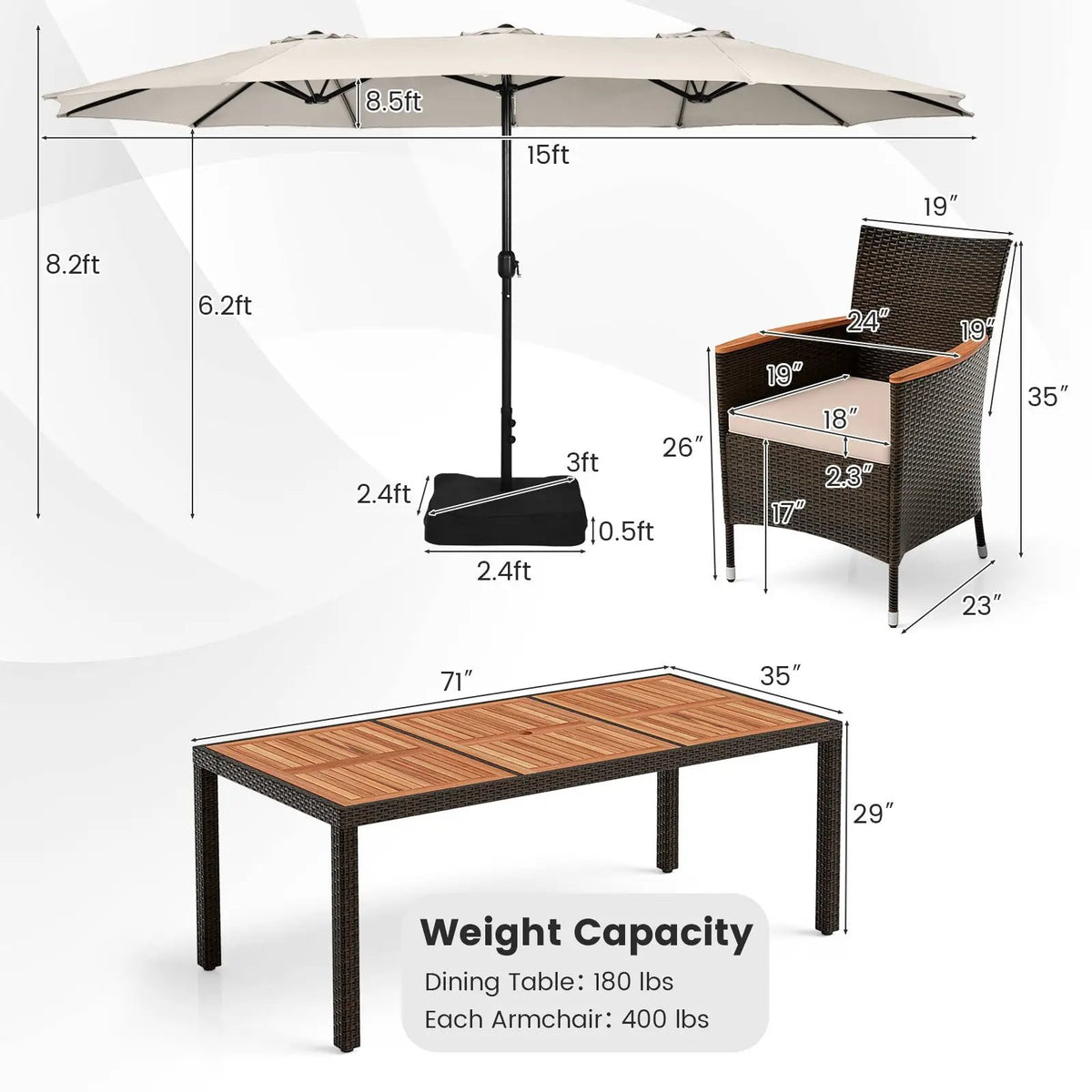 11 Pieces Patio Dining Set with 15 Feet Double-Sided Patio Umbrella and Base, photo 28 of 48