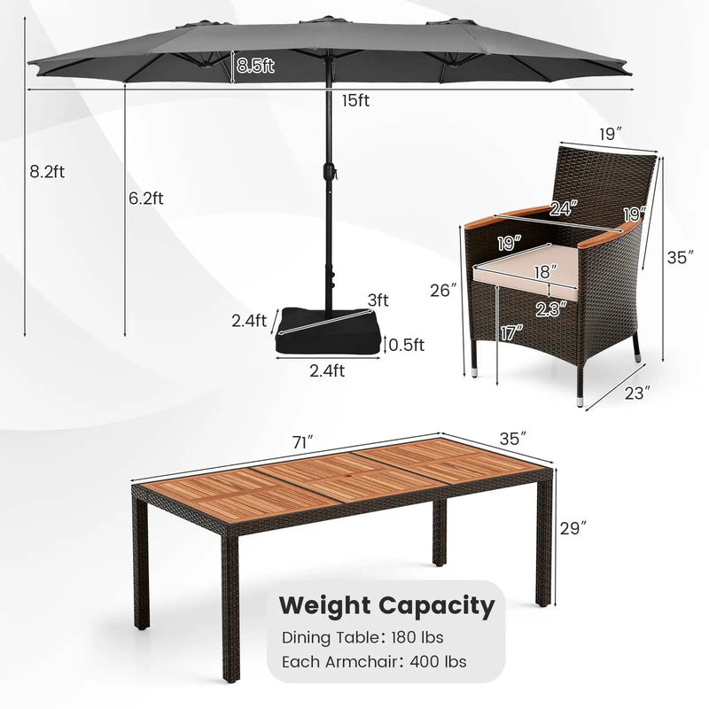 11 Pieces Patio Dining Set with 15 Feet Double-Sided Patio Umbrella and Base by DirectDeals