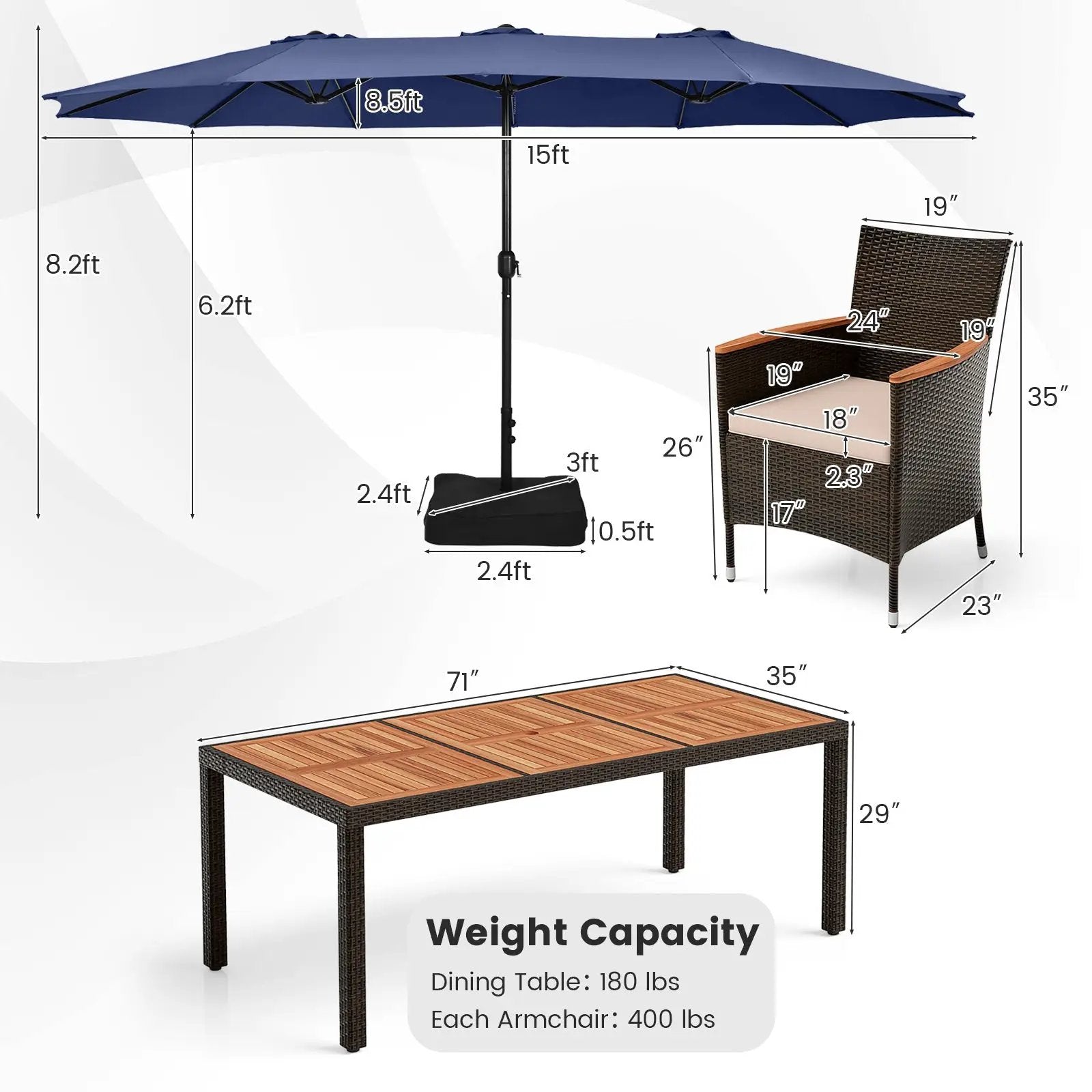 11 Pieces Patio Dining Set with 15 Feet Double-Sided Patio Umbrella and Base by DirectDeals