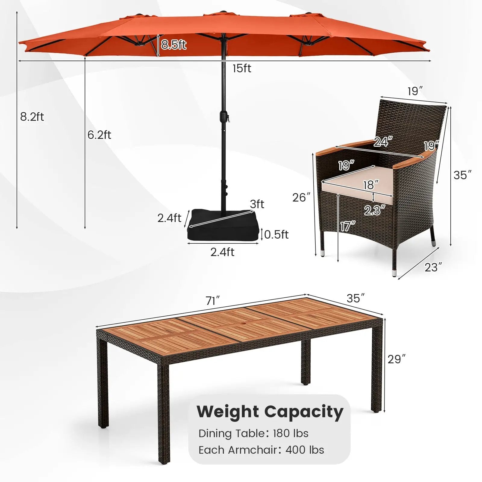 11 Pieces Patio Dining Set with 15 Feet Double-Sided Patio Umbrella and Base by DirectDeals