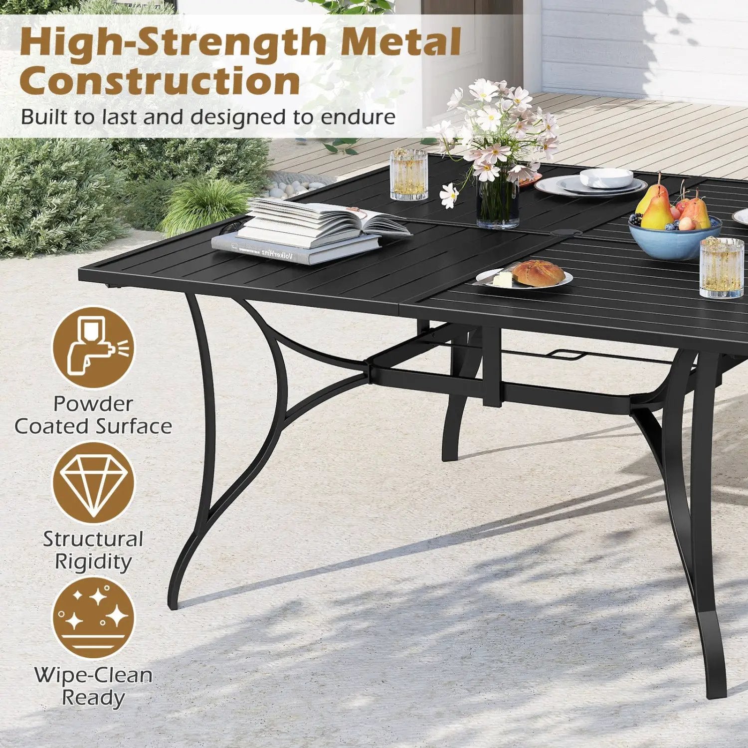 Patio Dining Table for 8 with Umbrella Hole for Porch Lawn by DirectDeals
