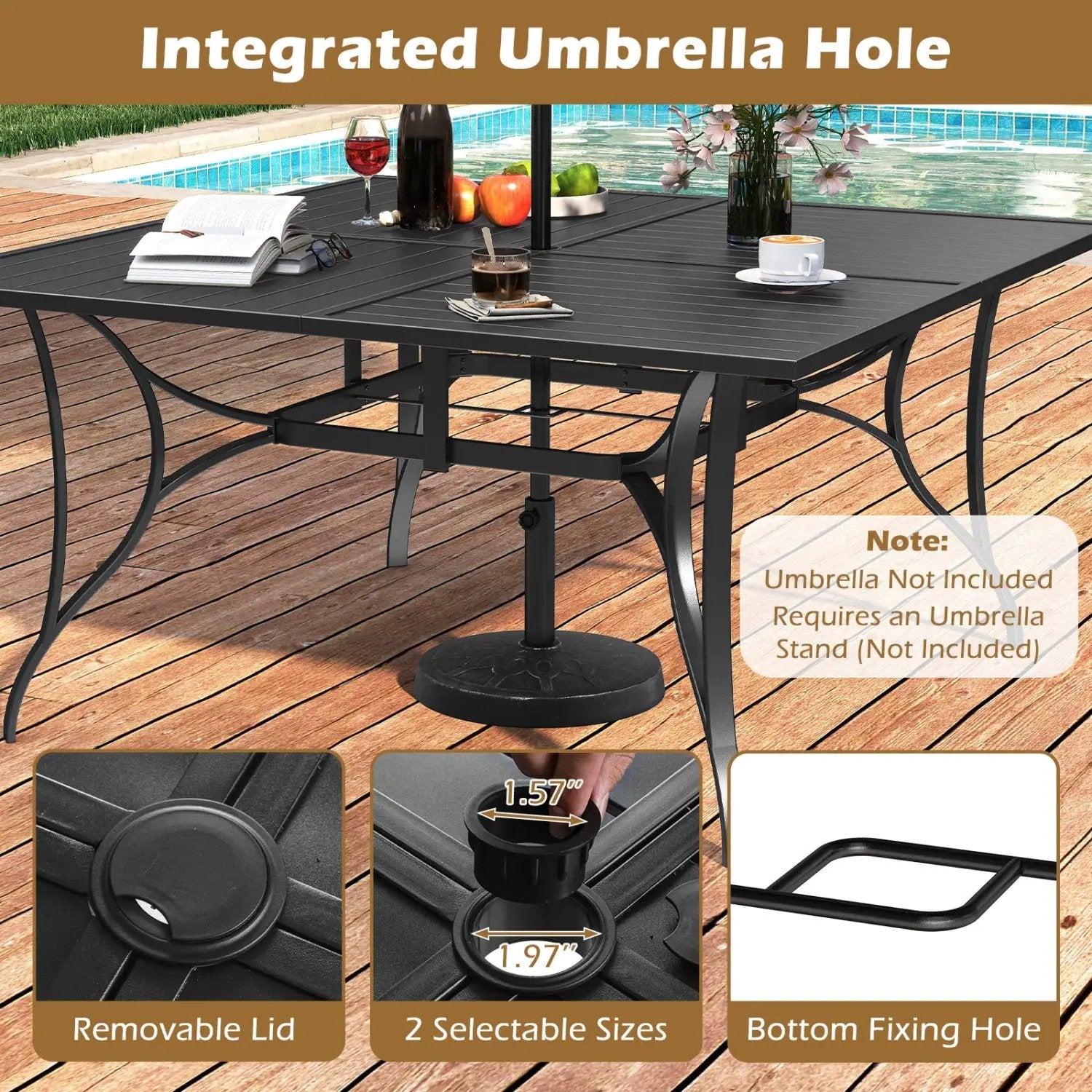 Patio Dining Table for 8 with Umbrella Hole for Porch Lawn by DirectDeals
