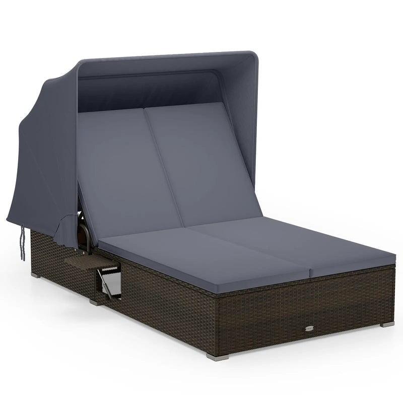 Patio Double Chaise Lounge with Shade Cushions and Folding Side Trays by DirectDeals