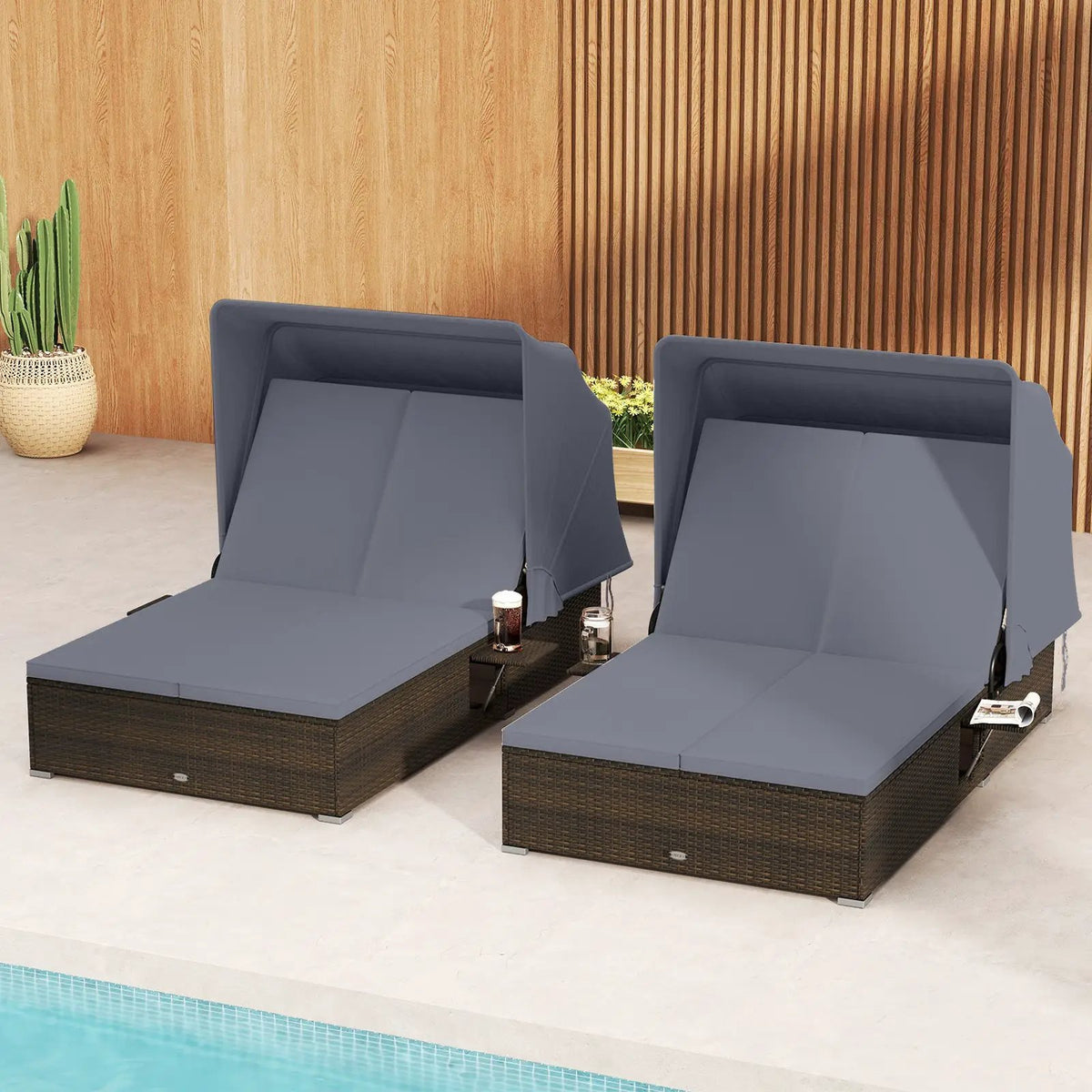 Patio Double Chaise Lounge with Shade Cushions and Folding Side Trays, photo 2 of 16