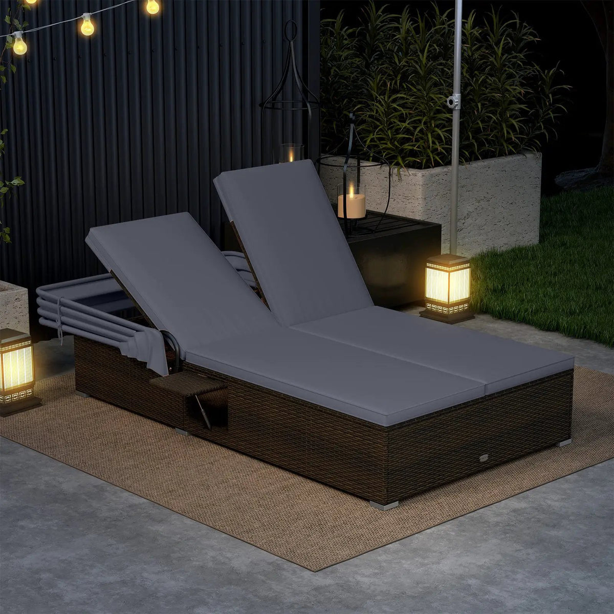 Patio Double Chaise Lounge with Shade Cushions and Folding Side Trays, photo 4 of 16