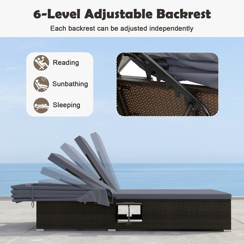 Patio Double Chaise Lounge with Shade Cushions and Folding Side Trays by DirectDeals