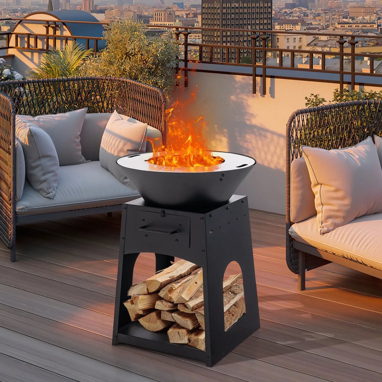Patio Fire Pit with Firewood Log Rack with Grill and Ash Box-Black by DirectDeals