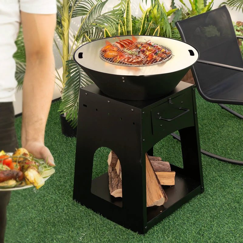 Patio Fire Pit with Firewood Log Rack with Grill and Ash Box-Black by DirectDeals