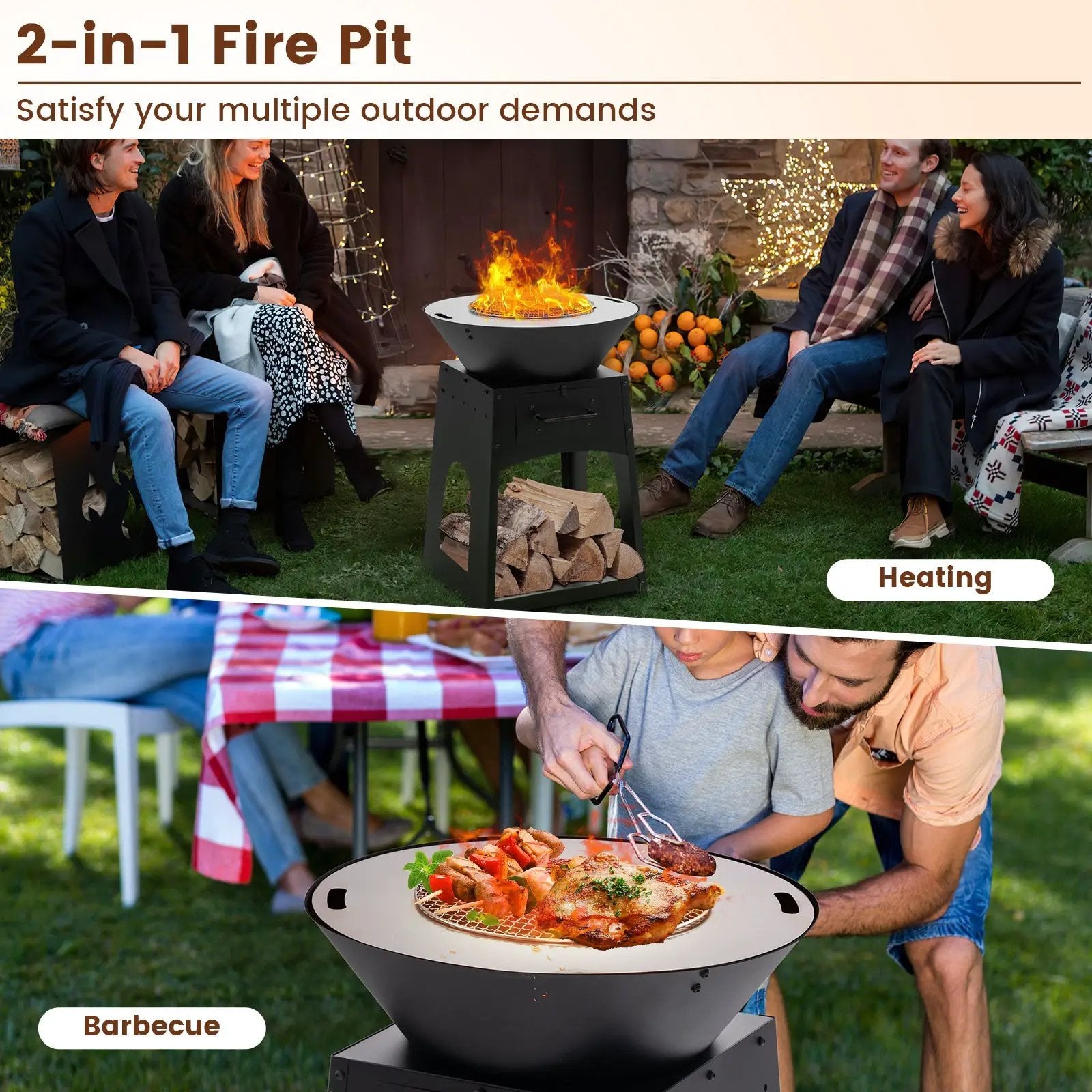 Patio Fire Pit with Firewood Log Rack with Grill and Ash Box-Black by DirectDeals