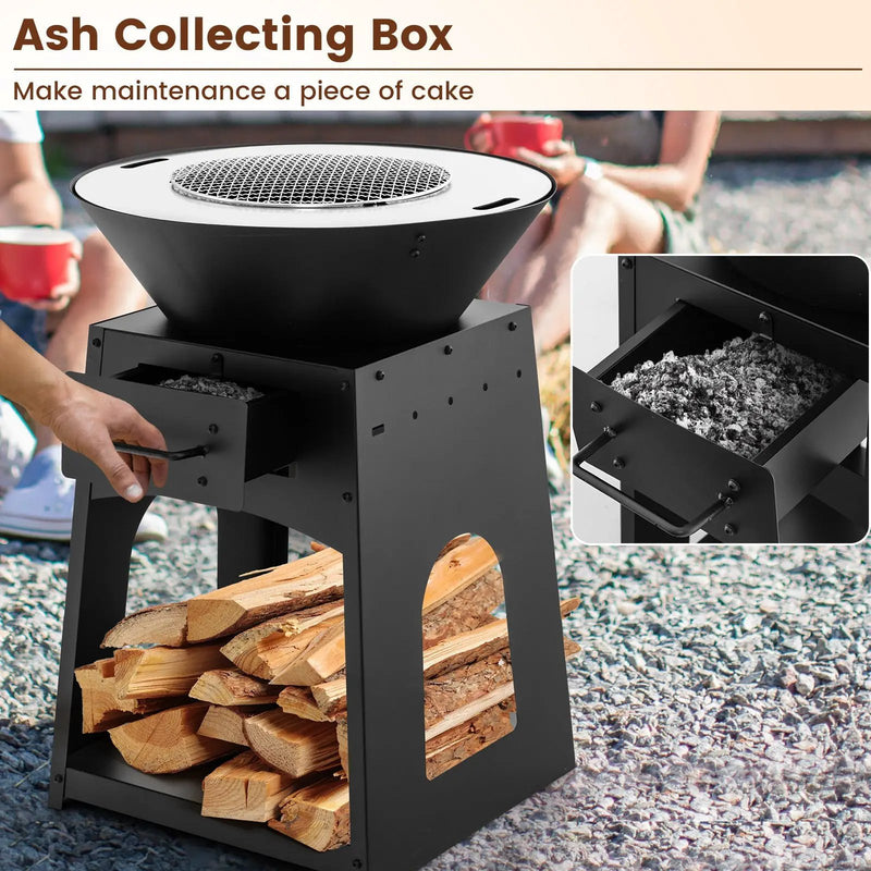 Patio Fire Pit with Firewood Log Rack with Grill and Ash Box-Black by DirectDeals