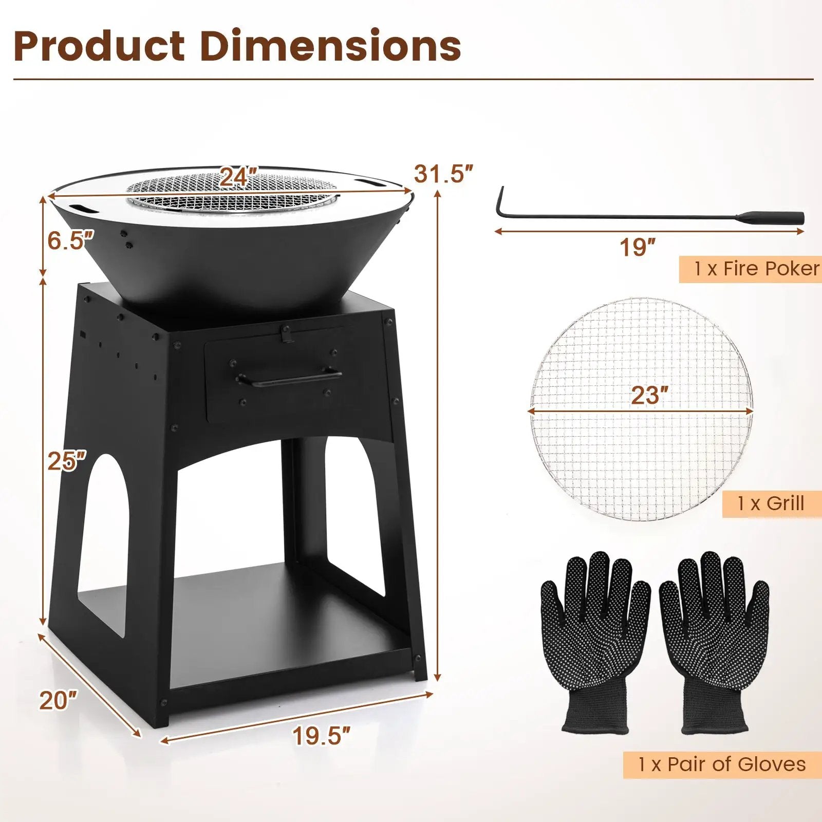 Patio Fire Pit with Firewood Log Rack with Grill and Ash Box-Black by DirectDeals