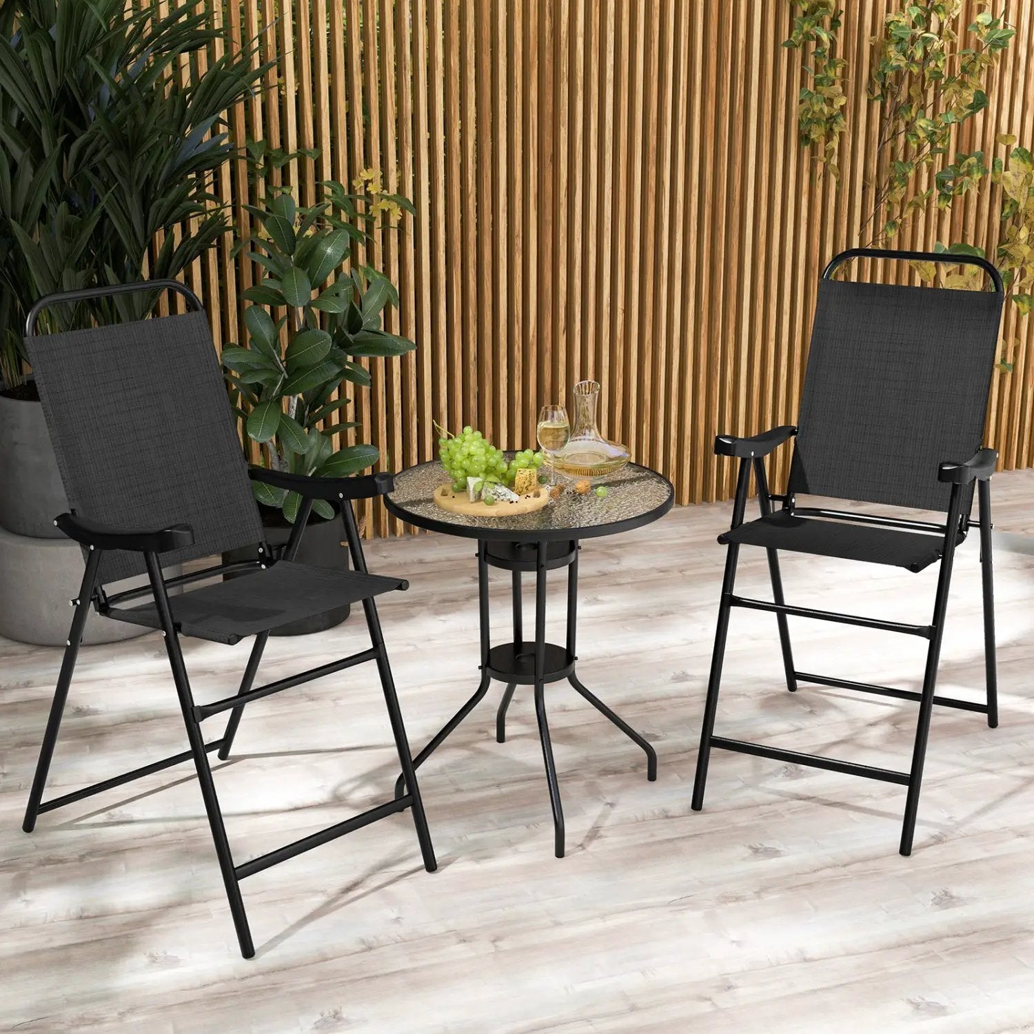 Folding Patio Bar Stool Set of 2 with Footrest - Black by DirectDeals