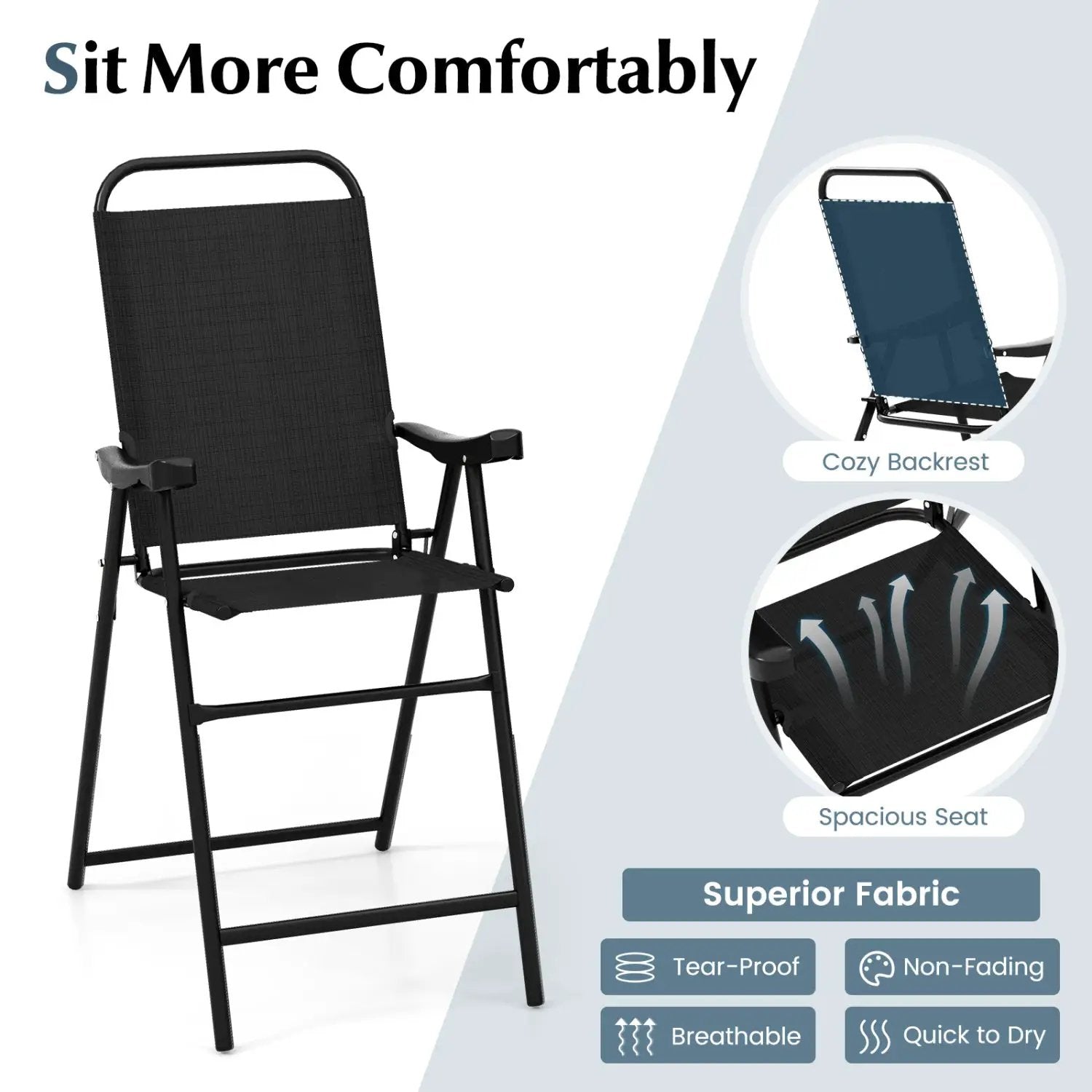 Folding Patio Bar Stool Set of 2 with Footrest - Black by DirectDeals