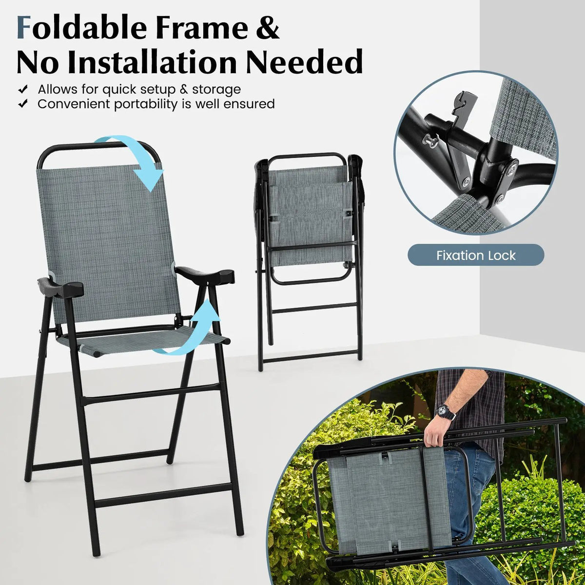 Patio Folding Bar Stool Set of 2 with Metal Frame and Footrest, photo 5 of 9