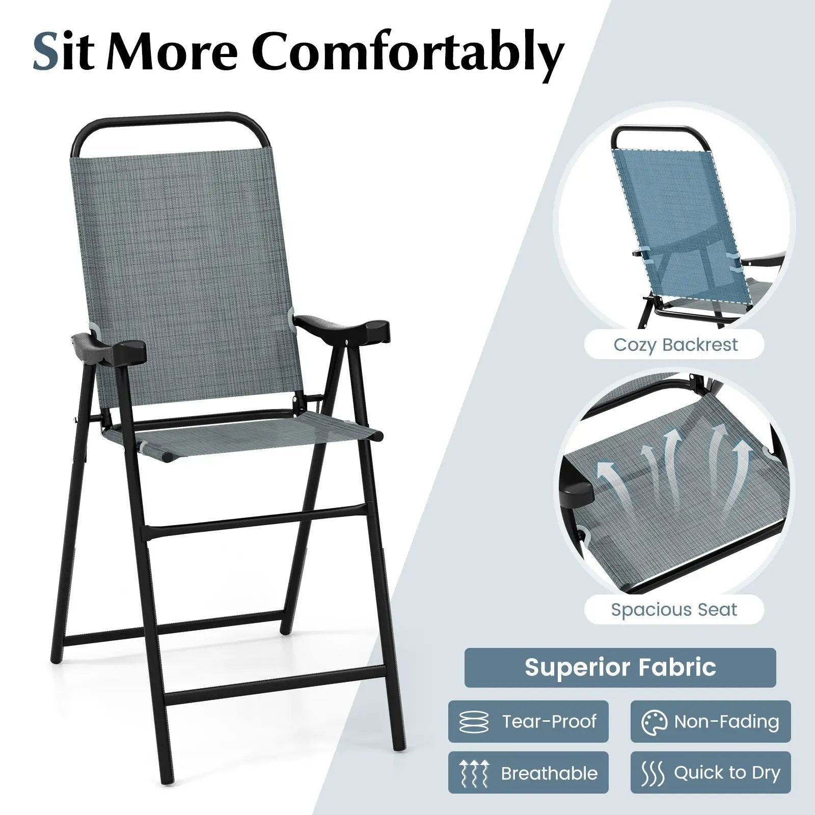Patio Folding Bar Stool Set of 2 with Metal Frame and Footrest by DirectDeals