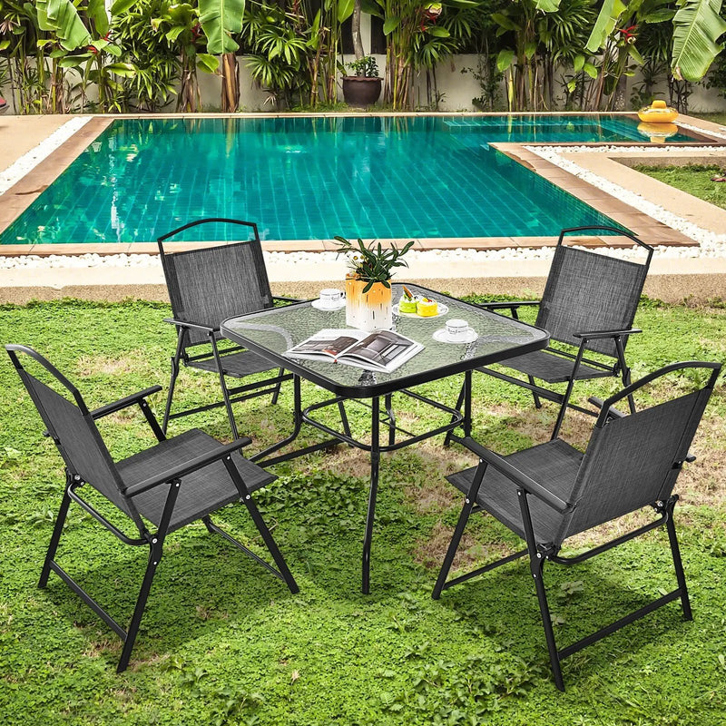 Patio Folding Chairs Set of 4 with Cozy Seat Fabric and Heavy-Duty Metal Frame-Gray by DirectDeals
