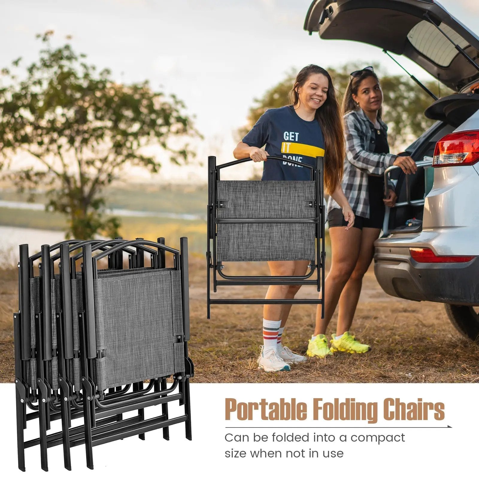 Patio Folding Chairs Set of 4 with Cozy Seat Fabric and Heavy-Duty Metal Frame-Gray by DirectDeals