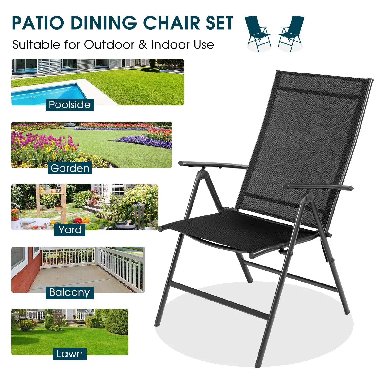 Set of 2 Adjustable Portable Patio Folding Dining Chair Recliners-Black by DirectDeals