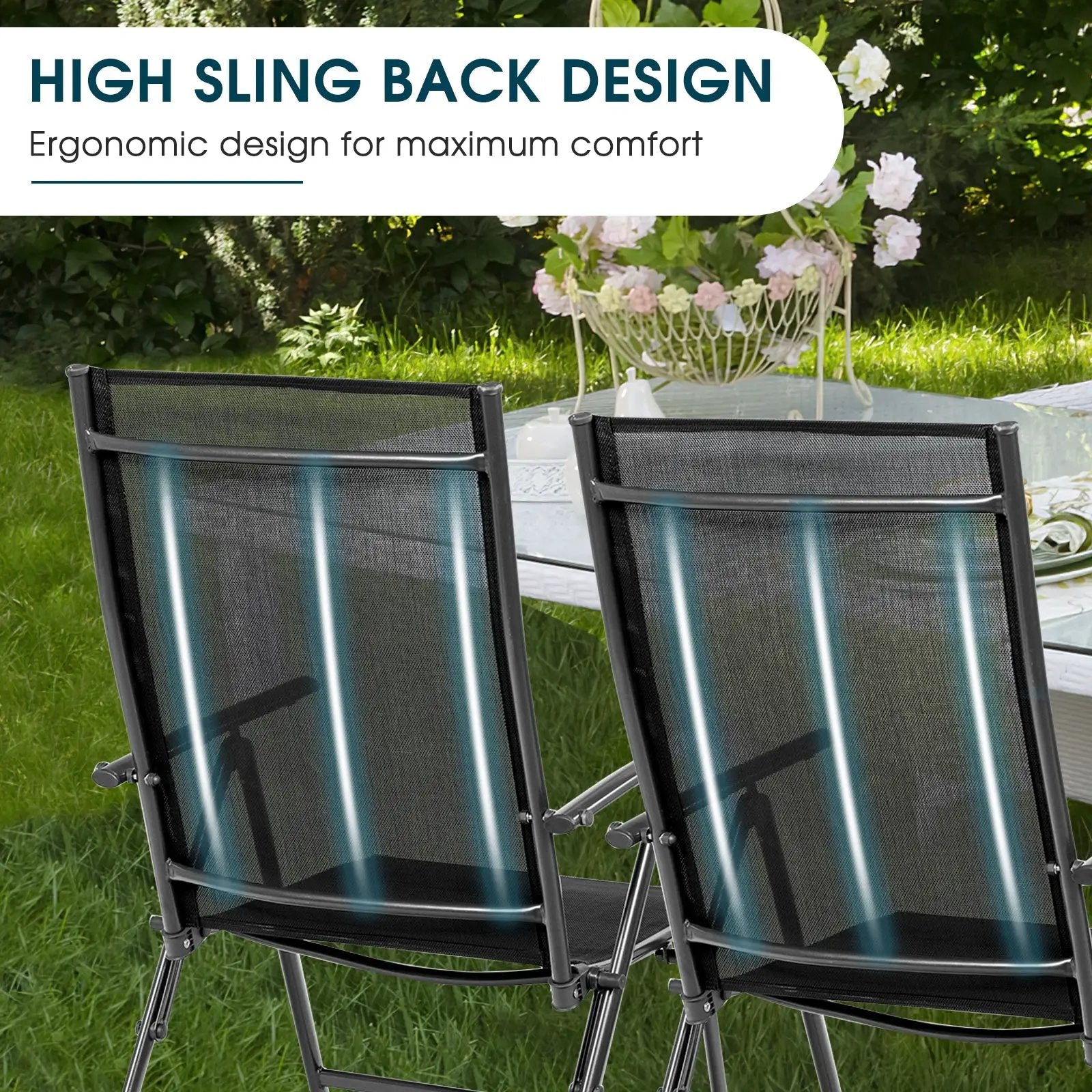 Set of 2 Adjustable Portable Patio Folding Dining Chair Recliners-Black by DirectDeals